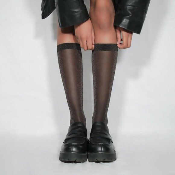 BLACK SPARKLE LUREX SEMI-SHEER KNEE-HIGH SOCKS - Picture 1 of 6